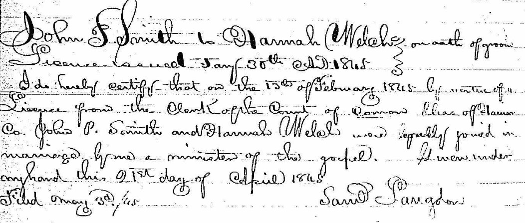 Marriage Record of Hannah Welch and John P. Smith